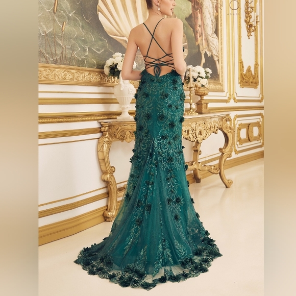 New long mermaid sequin floral floor length gown with lace up open back - Picture 6 of 8